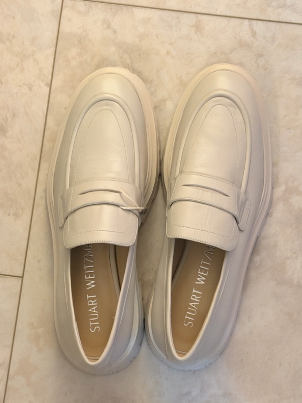 Stuart Weitzman Cream Leather Penny Loafers - Picture 8 of 9